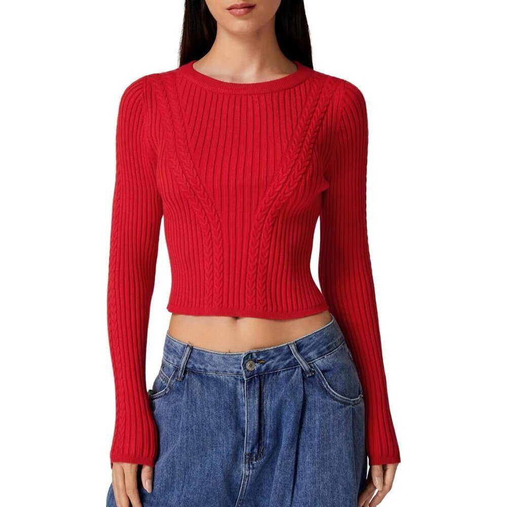 Womens Cable Knit Crop Sweater Slim Fit Long Sleeve Crew Neck Ribbed